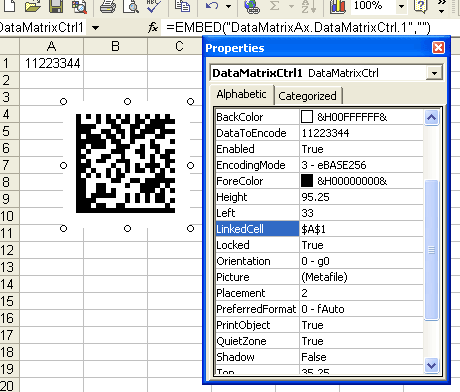 Excel and DataMatrix Barcode ActiveX linking
